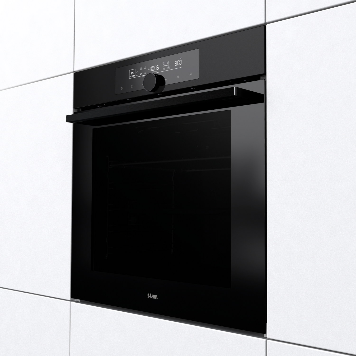 A black oven built into a white tile wall. Its door is closed. The brand is H-LEMA.