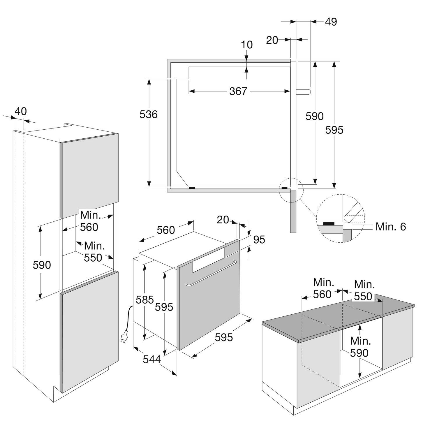 Technical drawings with dimensions for built-in appliances, including a dishwasher and oven.