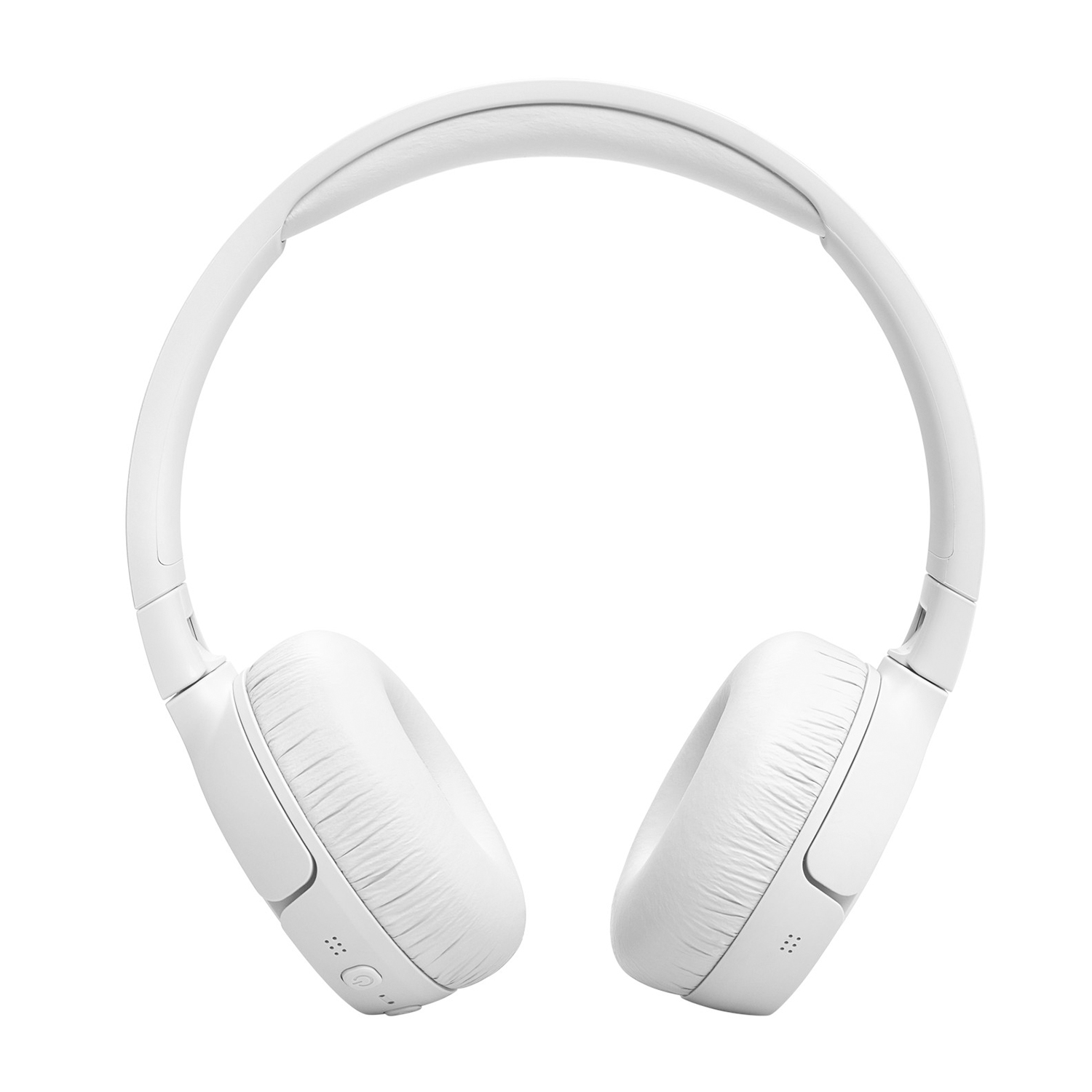 Cuffie bianche su sfondo bianco. Le cuffie sono wireless.
