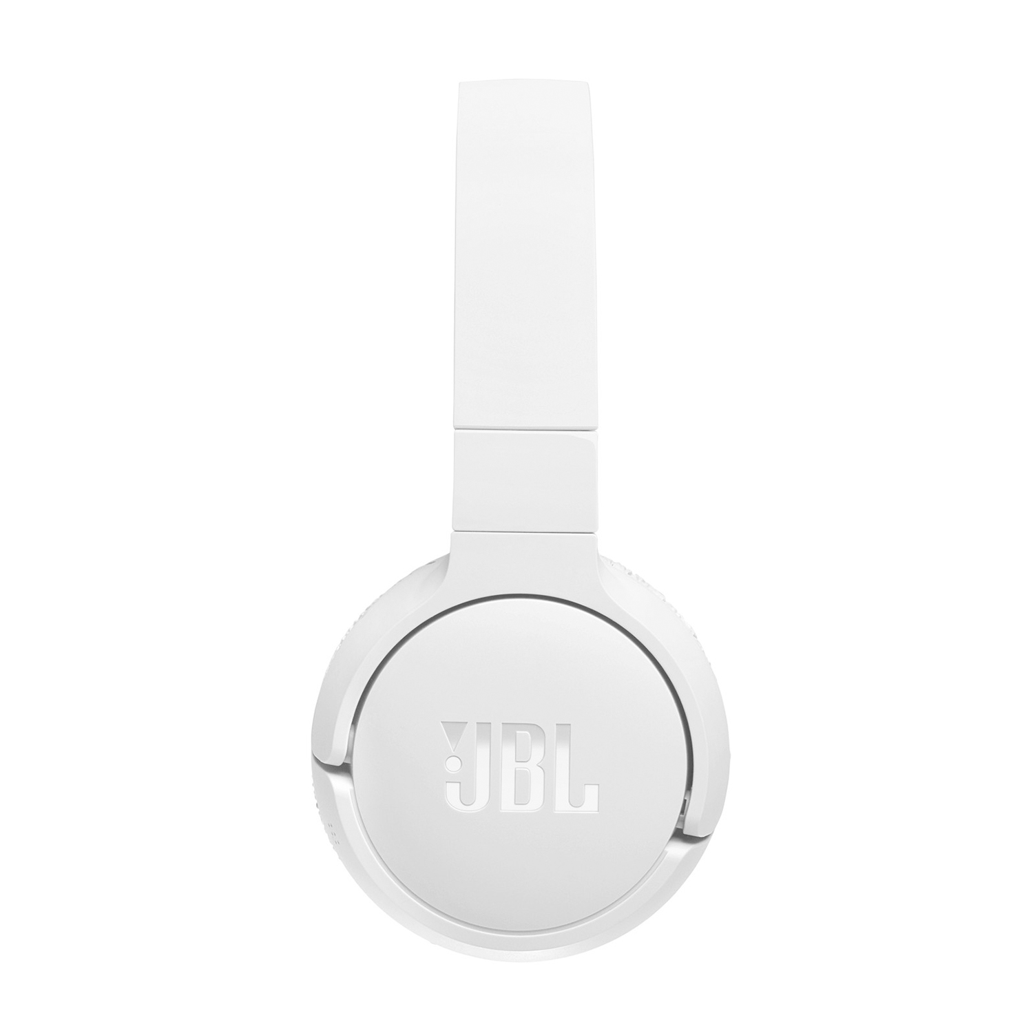 Cuffie JBL bianche, vista frontale. Le cuffie hanno il logo JBL sul padiglione.