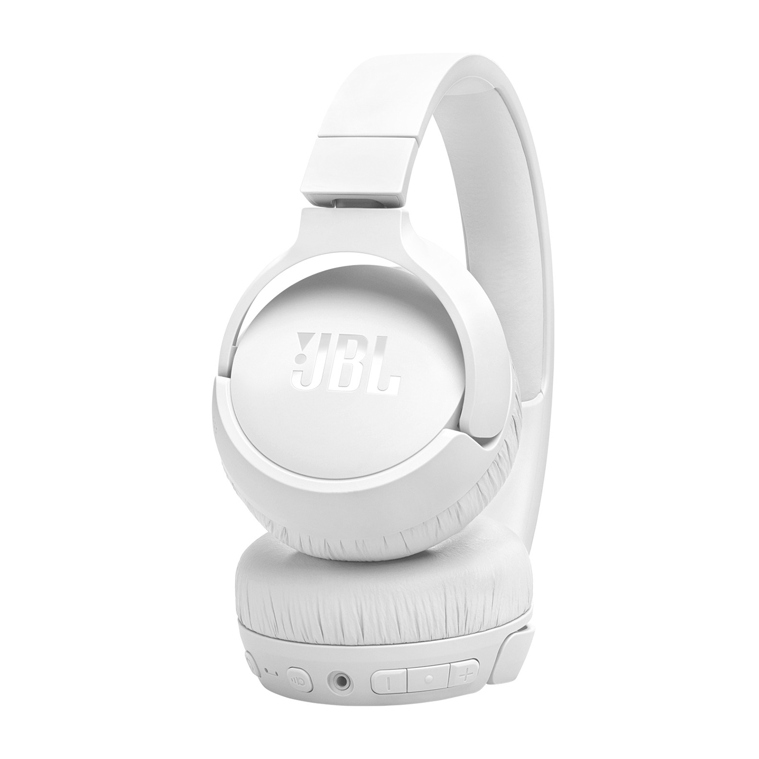 Cuffie JBL bianche, vista angolata. Le cuffie sono sovraurali, con un logo JBL centrale.
