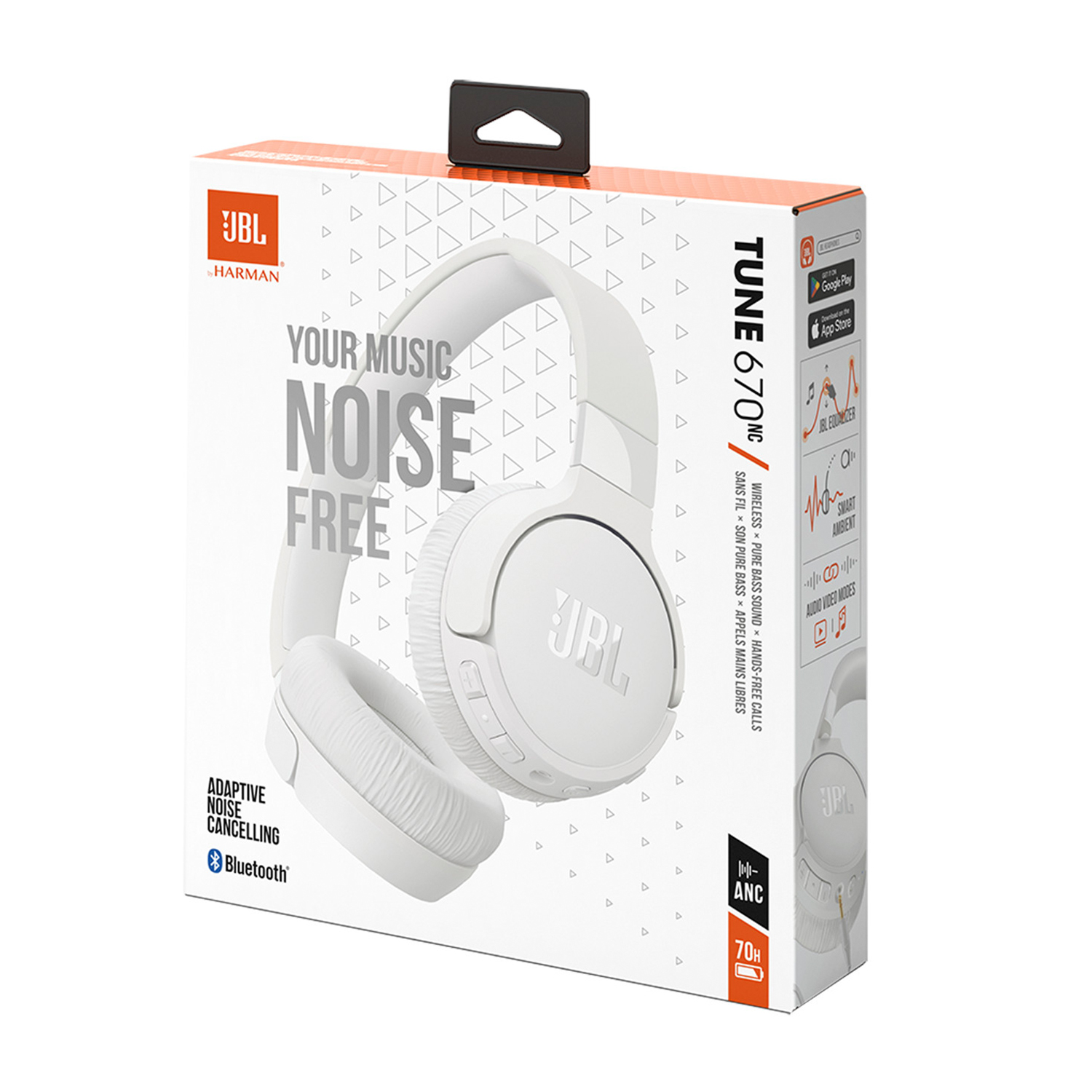 Una scatola bianca per le cuffie JBL Tune 670NC. La scatola mostra le cuffie e le caratteristiche.