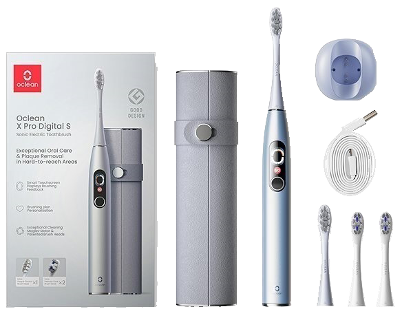 Oclean X Pro Zahnbürsten-Set. Enthält Zahnbürste, Ladestation, Etui, Bürstenköpfe und USB-Kabel.
