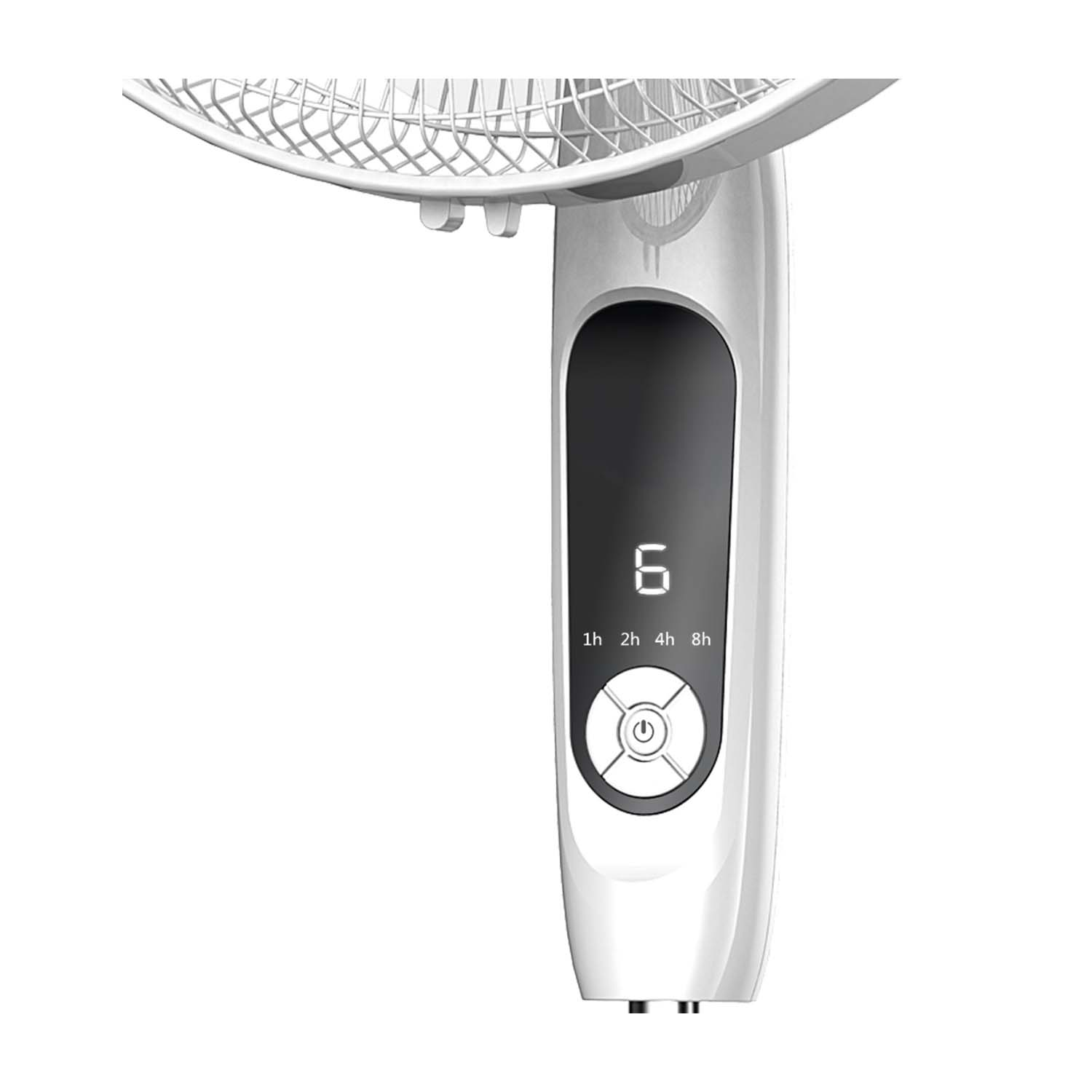Ventilatore bianco con display che mostra '6'. Pulsante di accensione e opzioni timer visibili.