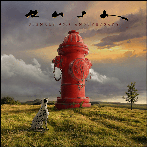 Rode brandkraan met dalmatiër in veld, albumhoes.