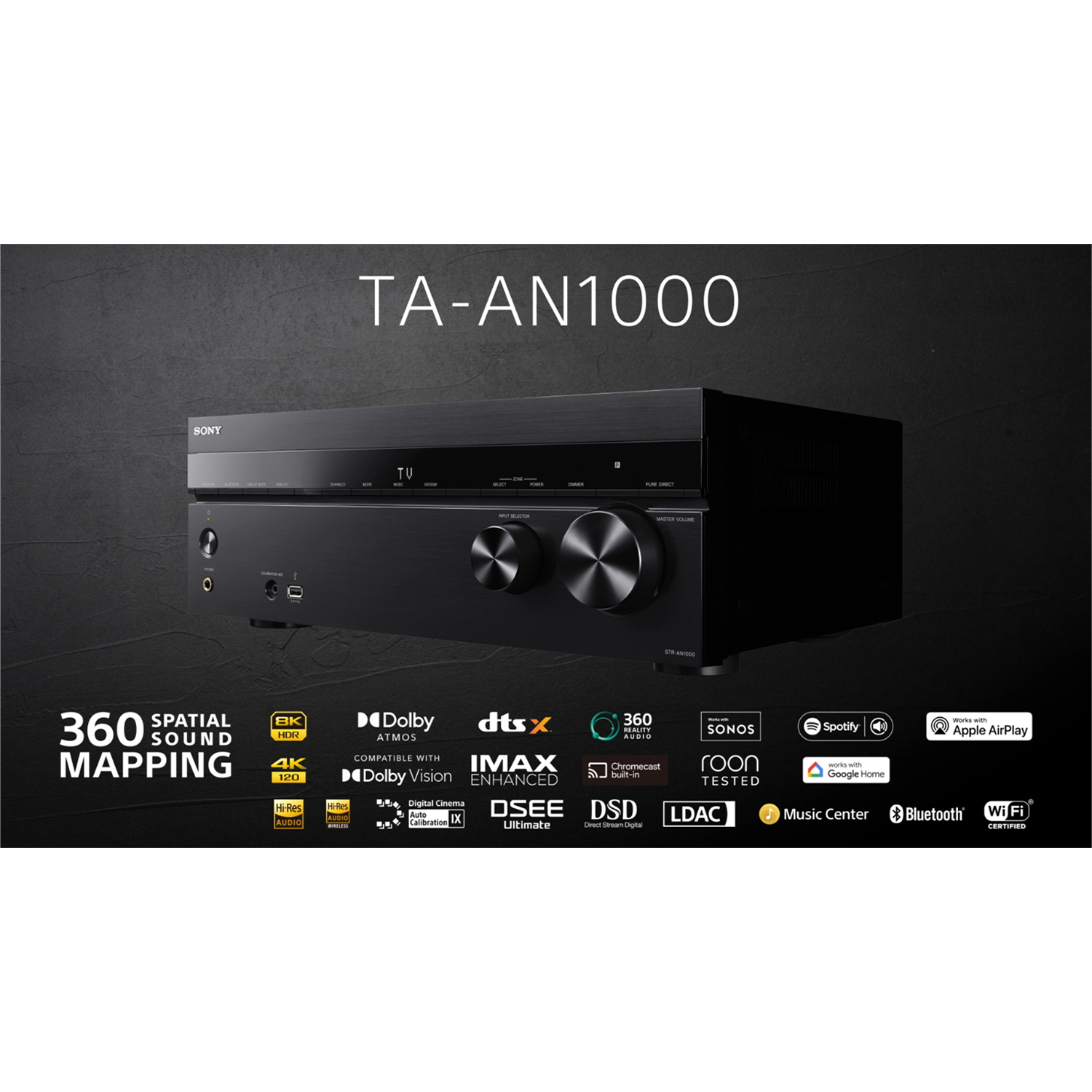 Ricevitore audio nero con più porte e il testo 'TA-AN1000'.
