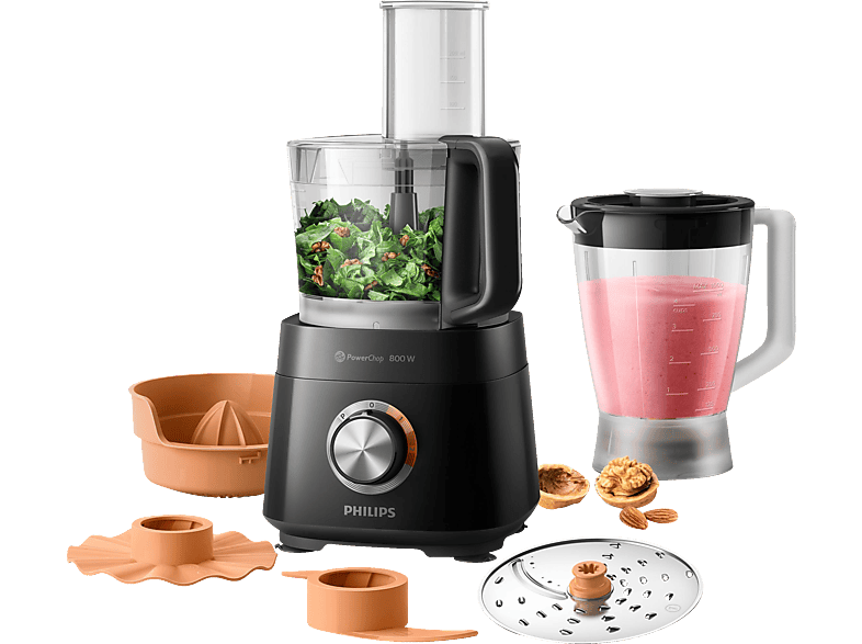 PHILIPS HR7510/10 Viva Collection 7 Zubehörteile, 3 Stufen, Kompaktküchenmaschine Schwarz (Rührschüsselkapazität: 2,1 l, 800 Watt)