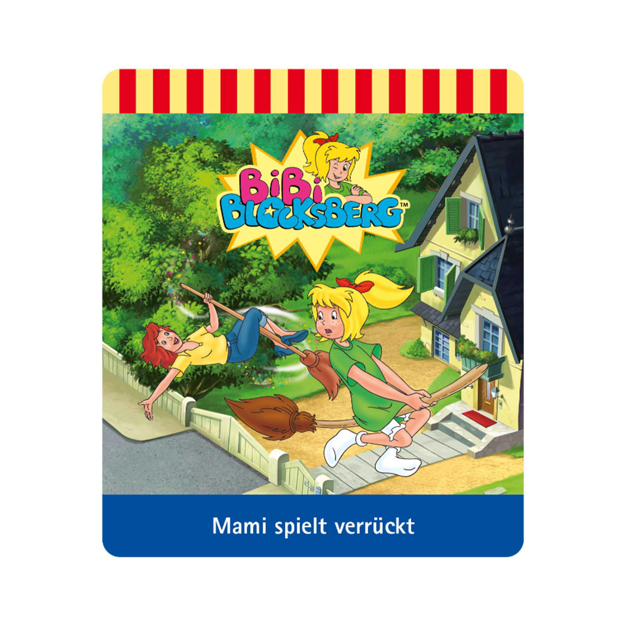 Buchcover mit Cartoon-Figuren, die auf Besen fliegen. Gelbes Haus im Hintergrund.