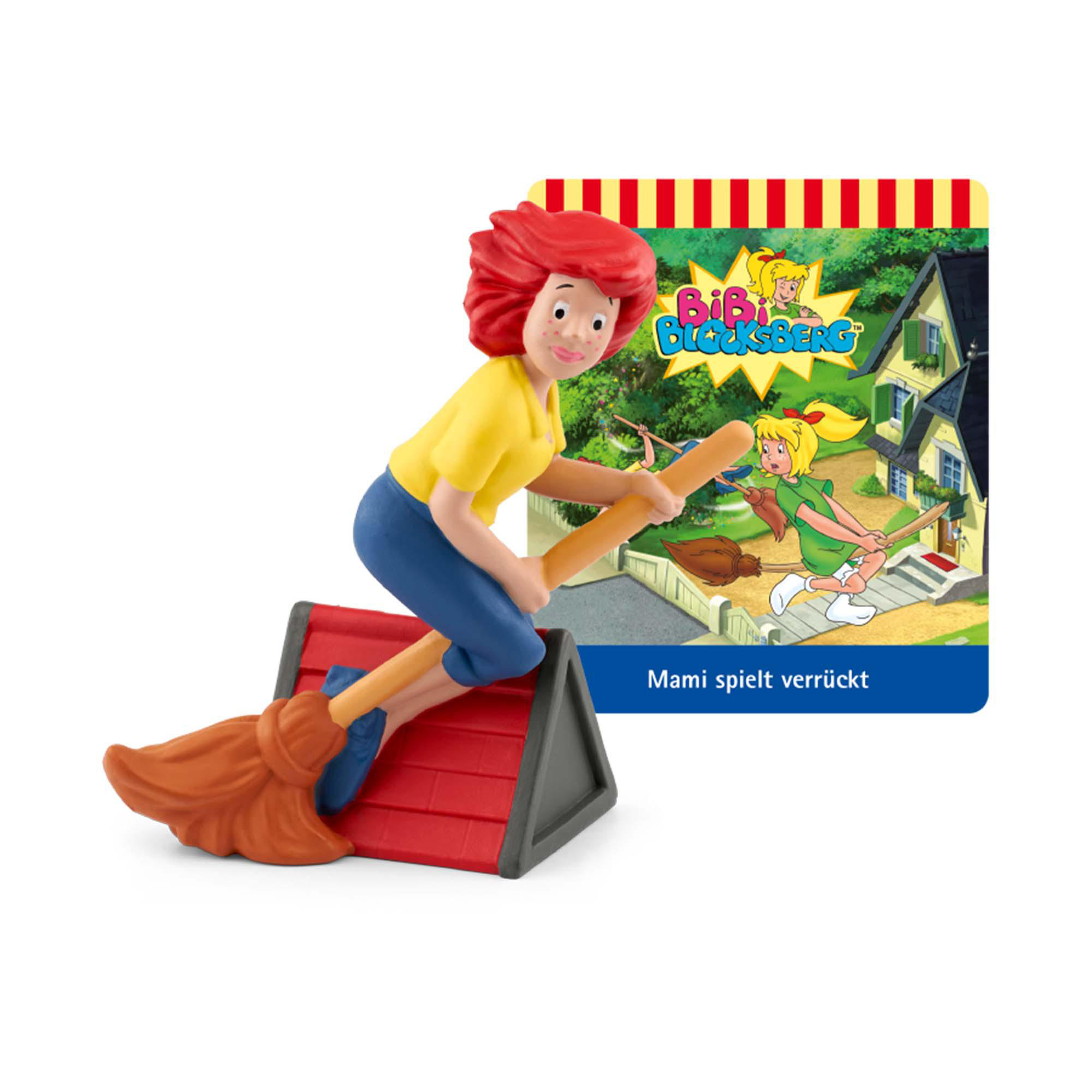 Bibi Blocksberg-Spielfigur, die auf einem Besen reitet. Text auf der Seite des Kartons auf Deutsch.