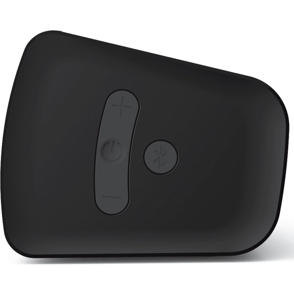 Barra de sonido negra con botones de encendido, volumen y bluetooth en la parte superior.