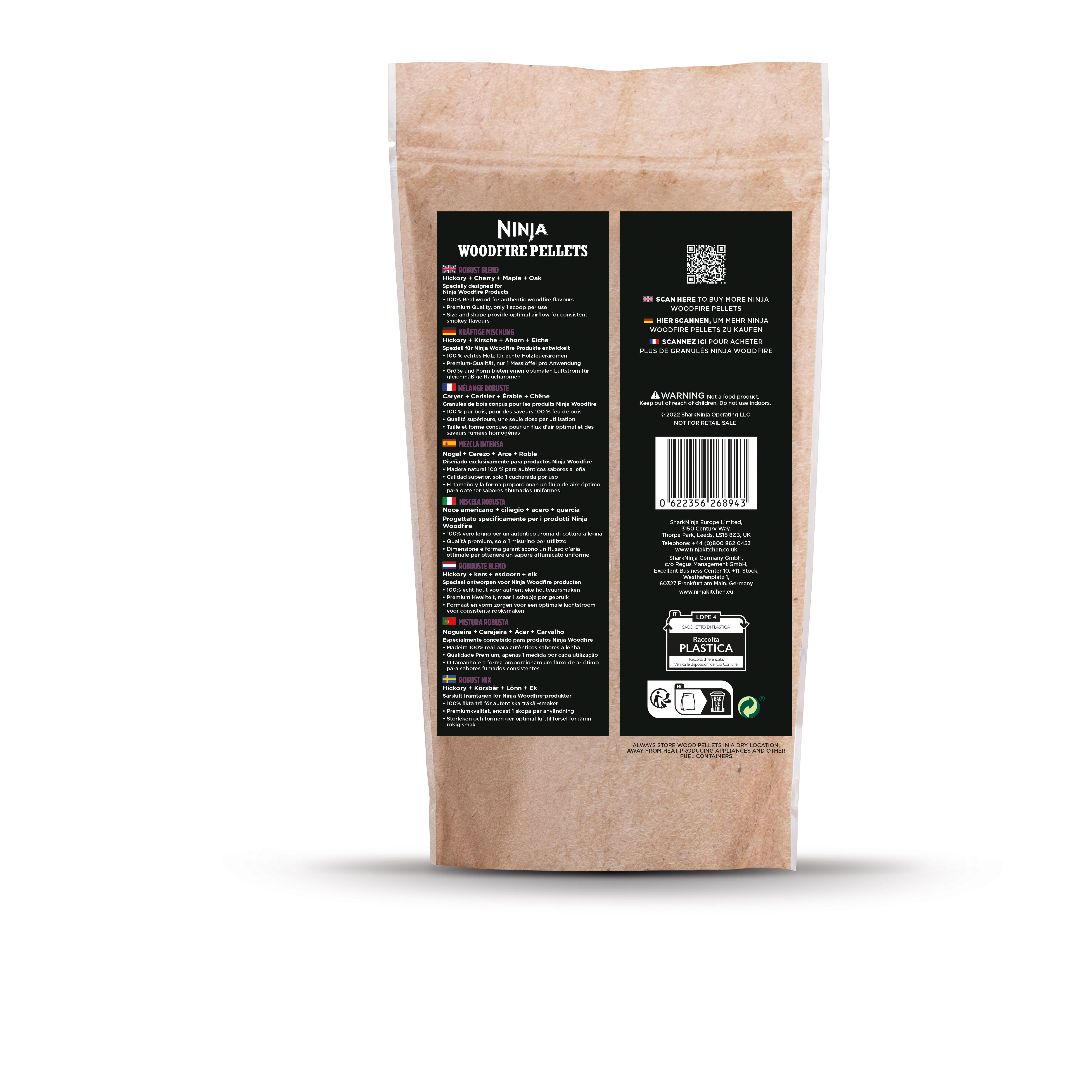 Eine Tüte Ninja Woodfire Pellets mit Text und einem QR-Code. Die Tüte ist hellbraun.