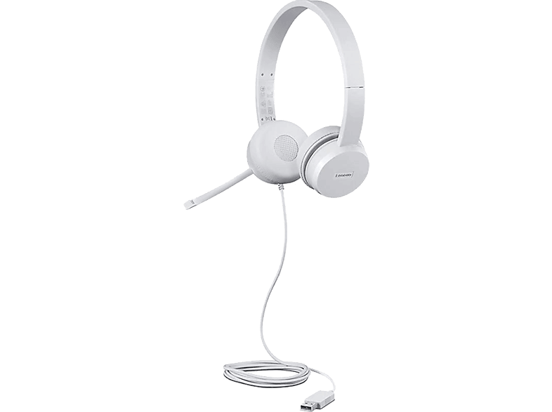 Auriculares - Lenovo USB estéreo 110, De diadema, Circumaural, Micrófono integrado/brazo, Gris nube