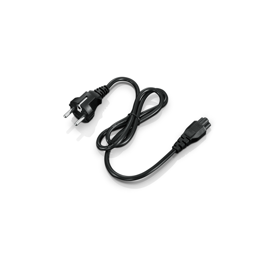 Cable de alimentación negro con enchufe de dos clavijas y conector, sobre fondo negro.