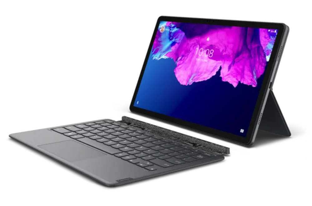 Tableta Lenovo con teclado. La tableta está en modo horizontal, con el teclado acoplado.