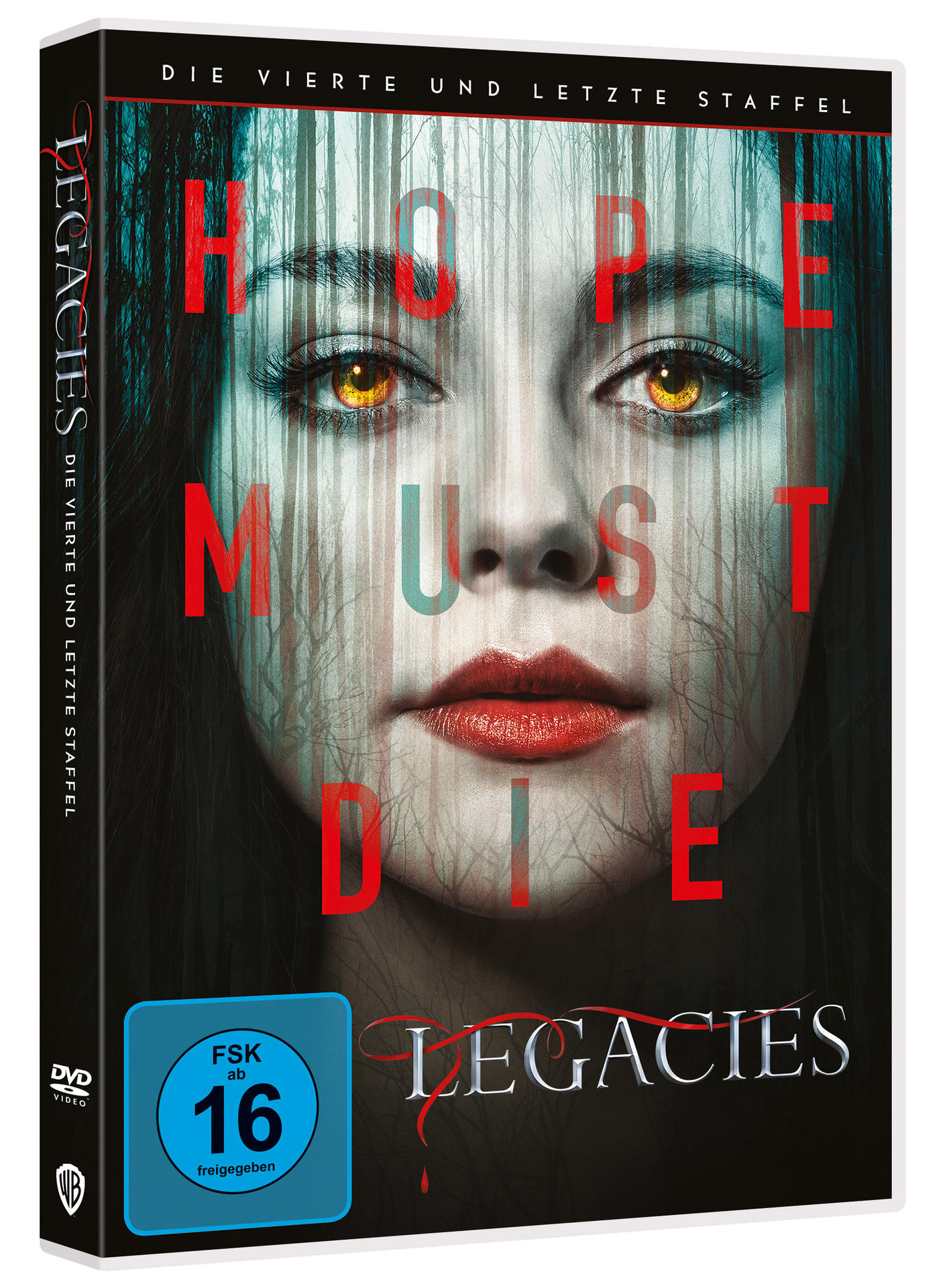 DVD-Cover von Legacies Staffel 4. Ein Frauengesicht mit rotem Text. Waldhintergrund und DVD-Logo.