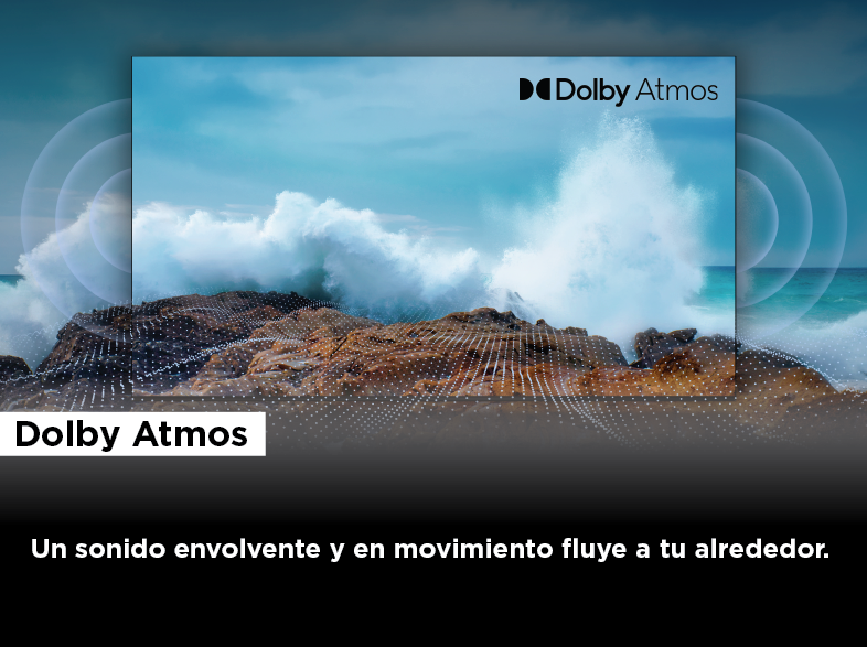 Una pantalla de TV que muestra olas del océano, con la marca y el texto de Dolby Atmos.