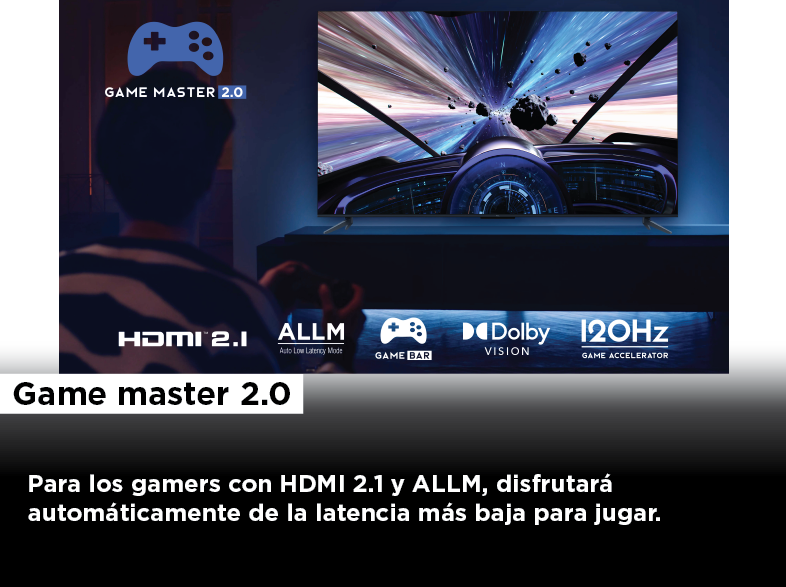Hombre jugando en un televisor con Game Master 2.0 y funciones HDMI 2.1.