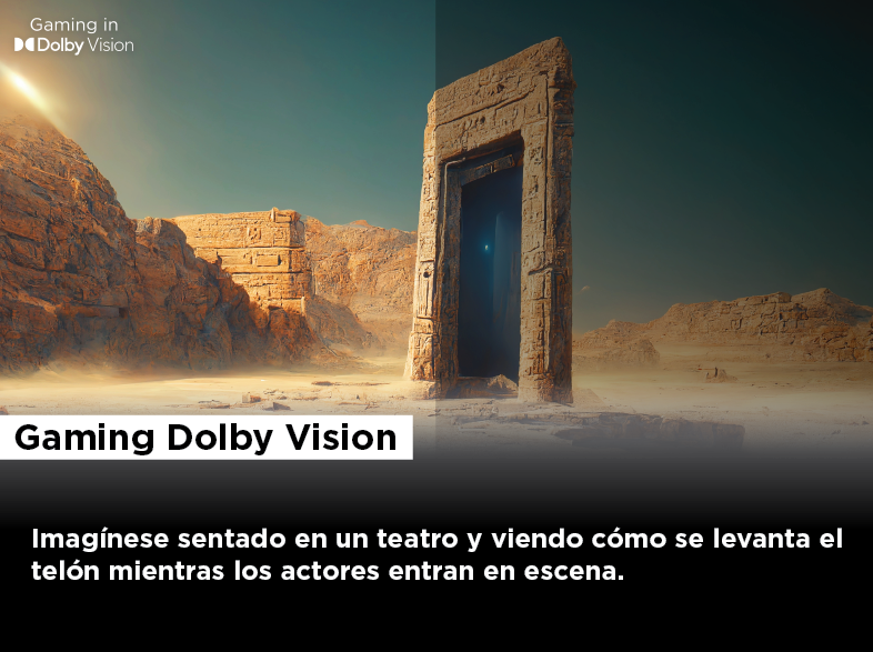 Una imagen de una puerta de piedra en un paisaje desértico con un logo de Gaming en Dolby Vision.