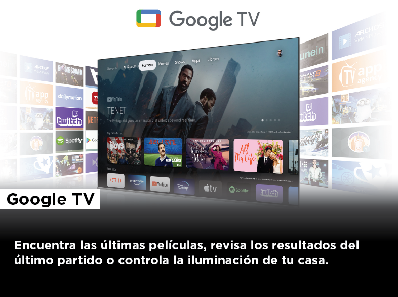 La pantalla de Google TV muestra aplicaciones. Un banner dice 'Google TV'.