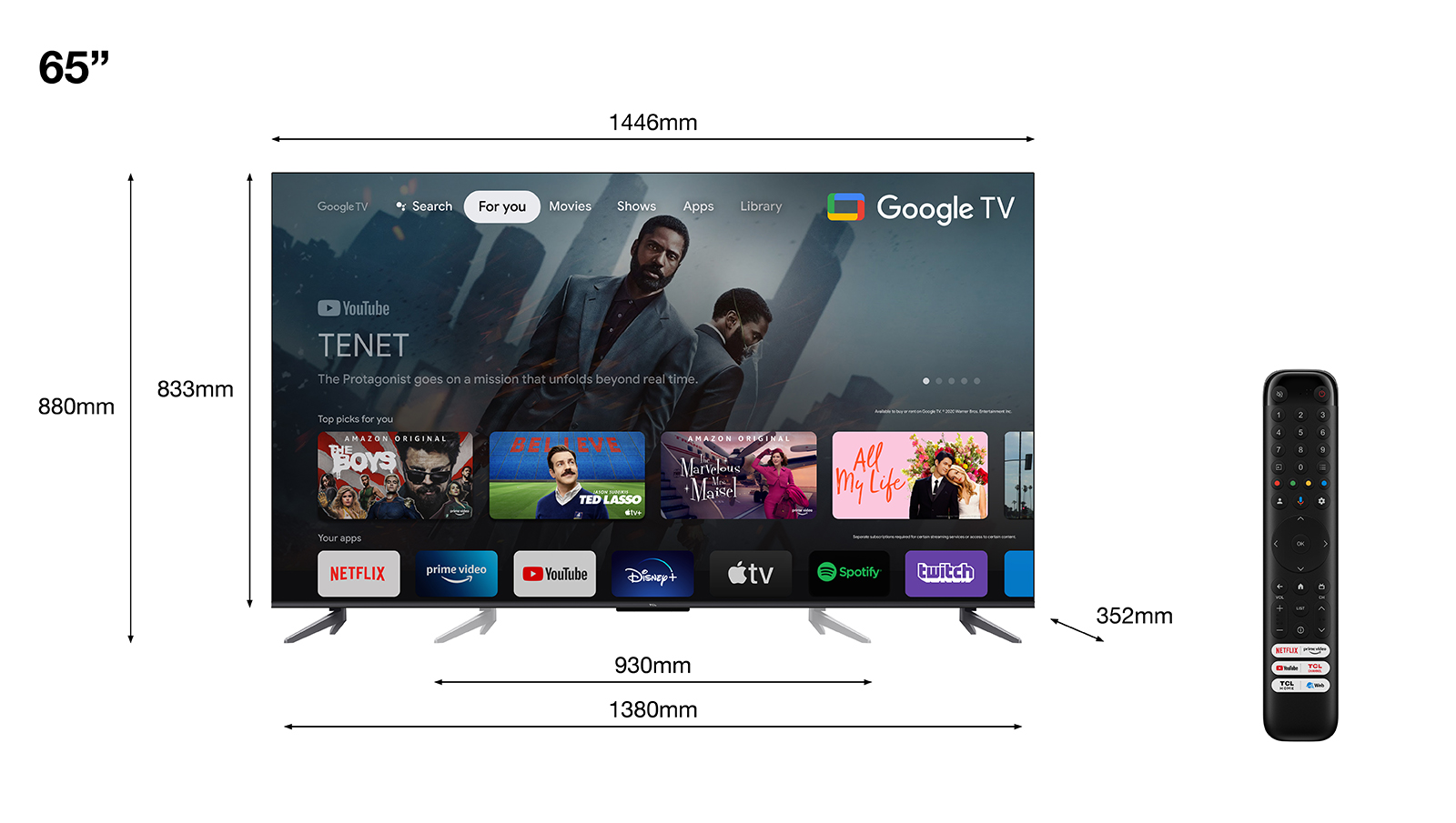 TV de 65 pulgadas mostrando la película 'TENET', con dimensiones y mando a distancia al lado.