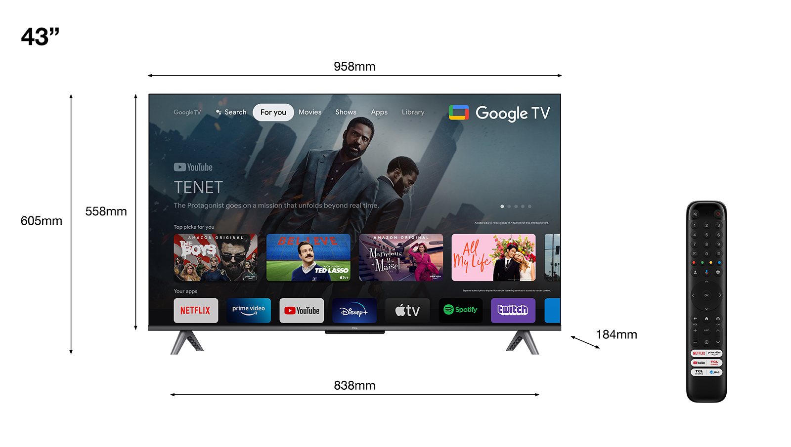 Pantalla de TV con mando a distancia y dimensiones. El televisor es de 43 pulgadas.