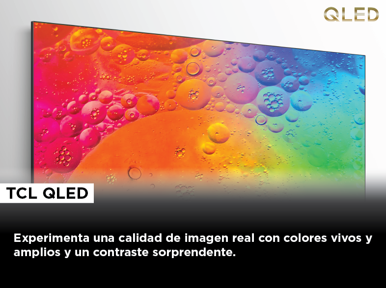TCL QLED TV con un fondo abstracto colorido. El texto inferior dice 'Experimenta una calidad'.