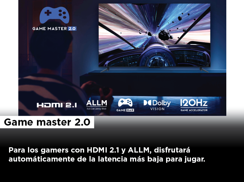 Una persona está jugando en una pantalla de TV con las palabras Game Master 2.0.