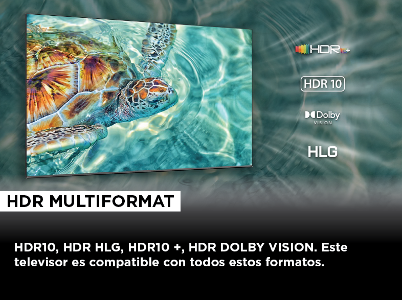 Pantalla de TV con imagen de tortuga y logotipos multiformato HDR. Fondo negro.