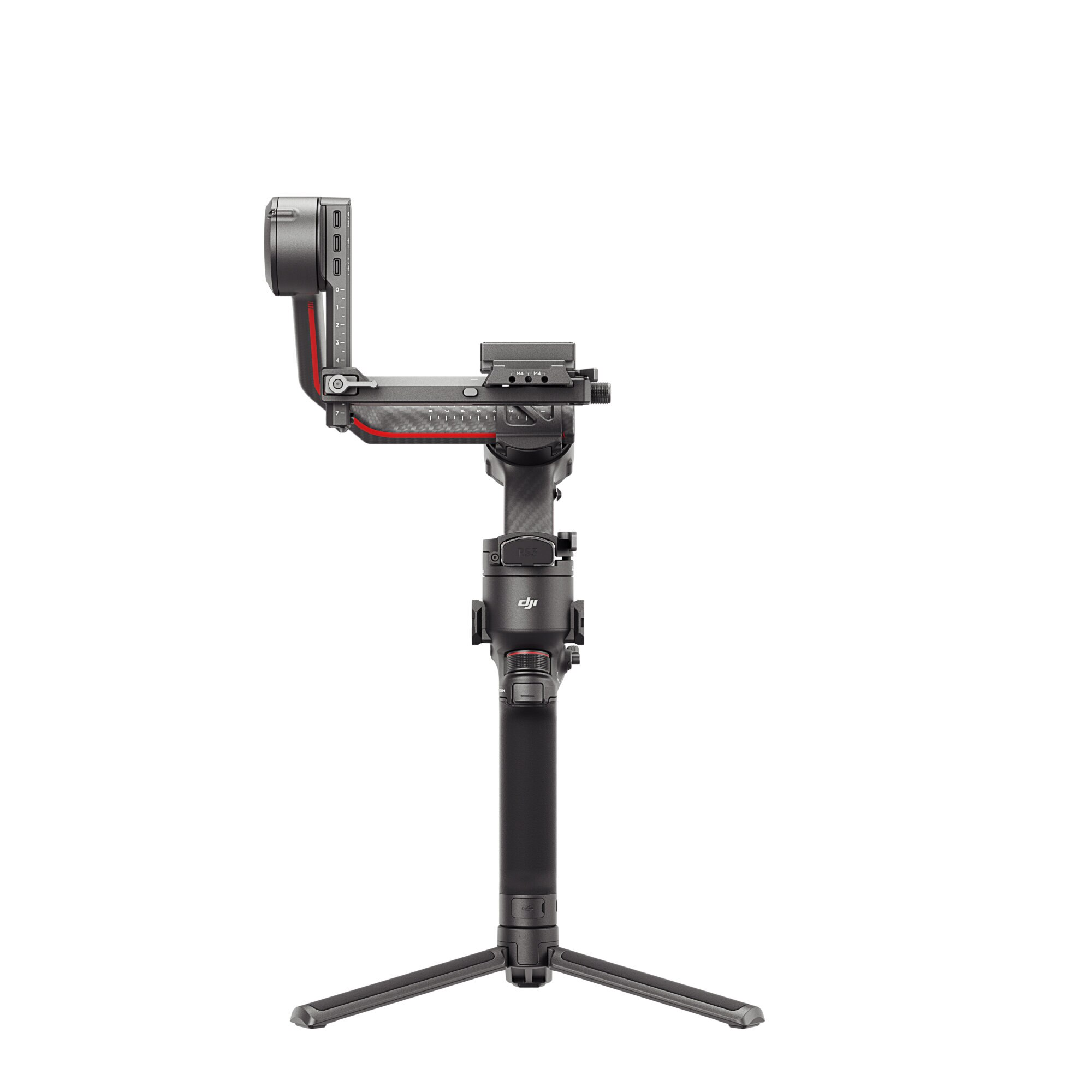 Czarny i czerwony stabilizator kamery DJI Ronin RS 3 Pro na białym tle.