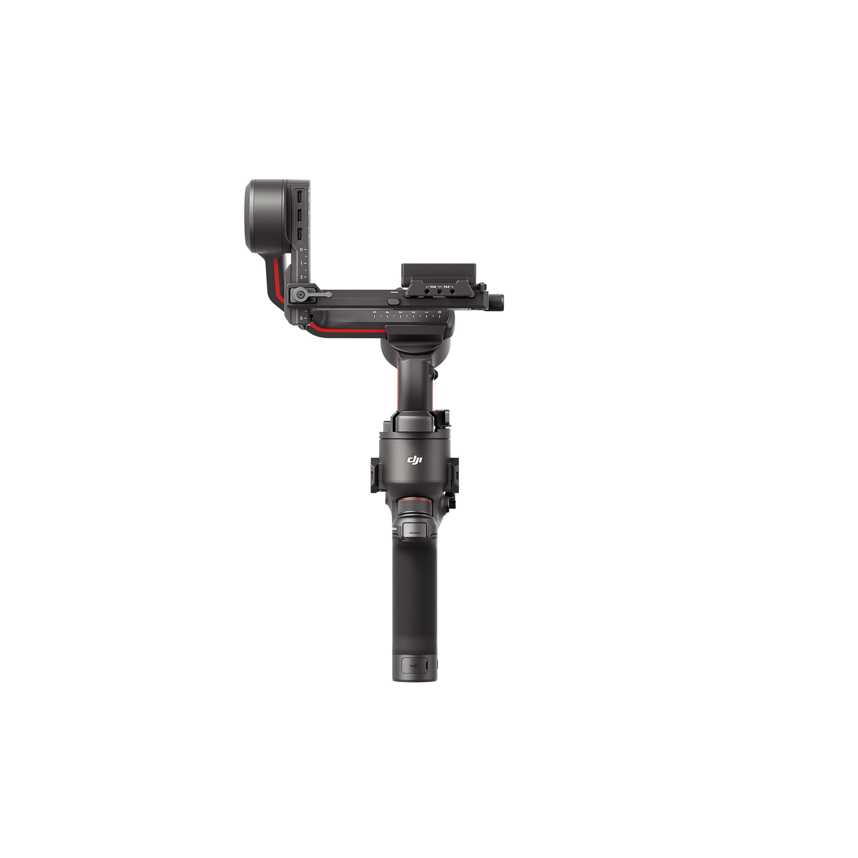 Czarny stabilizator gimbala DJI Ronin, z czerwonymi akcentami, na białym tle, widok z góry.