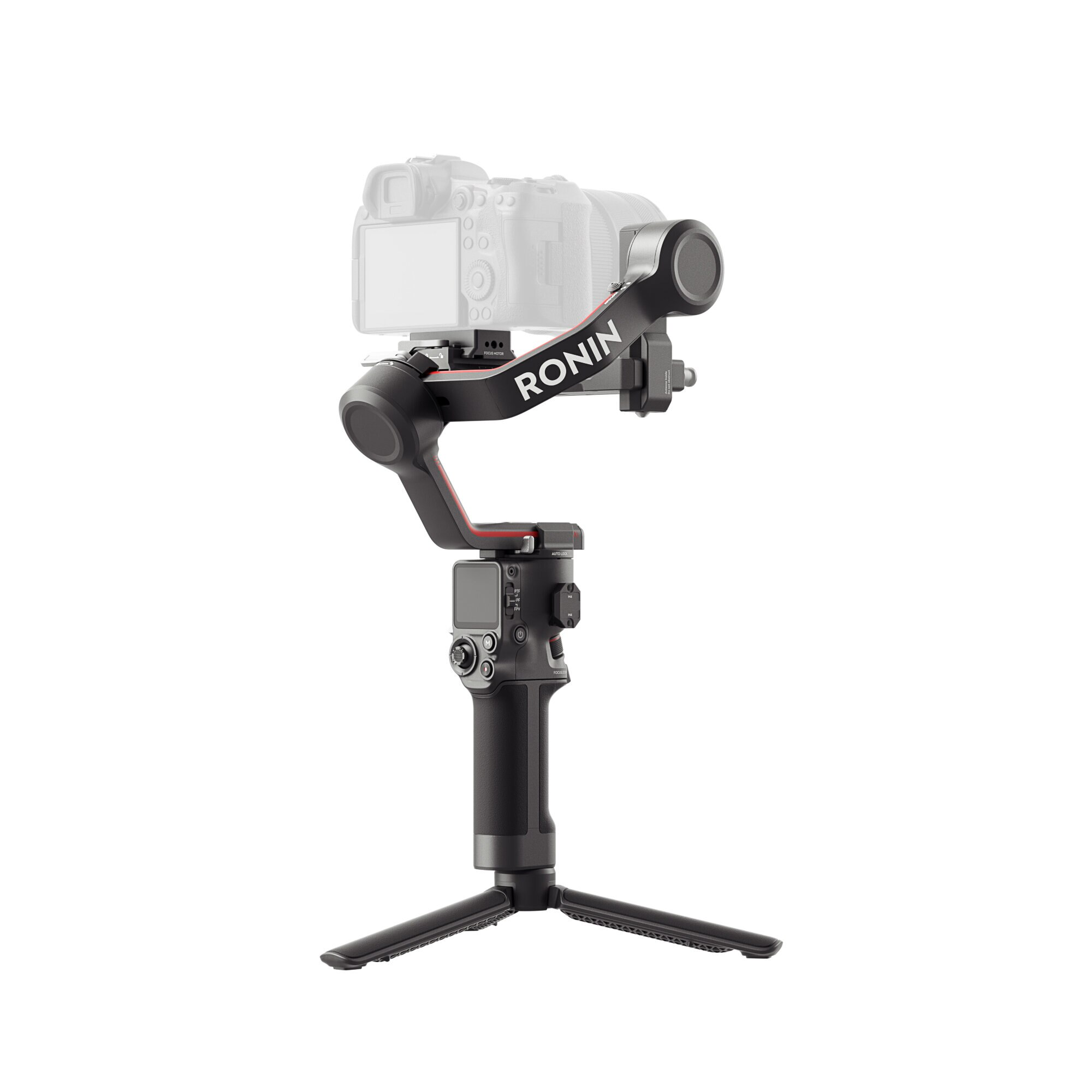 Gimbal DJI Ronin z dołączonym aparatem, zamontowany na statywie, z widocznym logo Ronin.