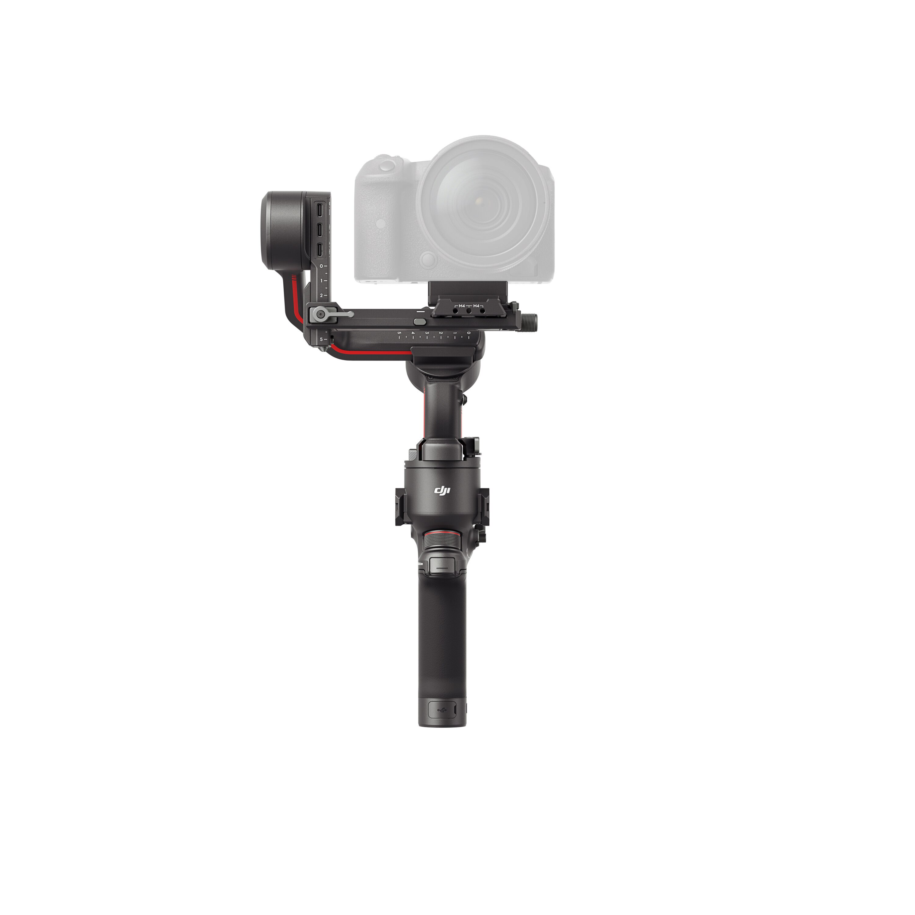 Gimbal do kamery w kolorze czarnym i czerwonym. Nad nim kamera. Tło jest białe.