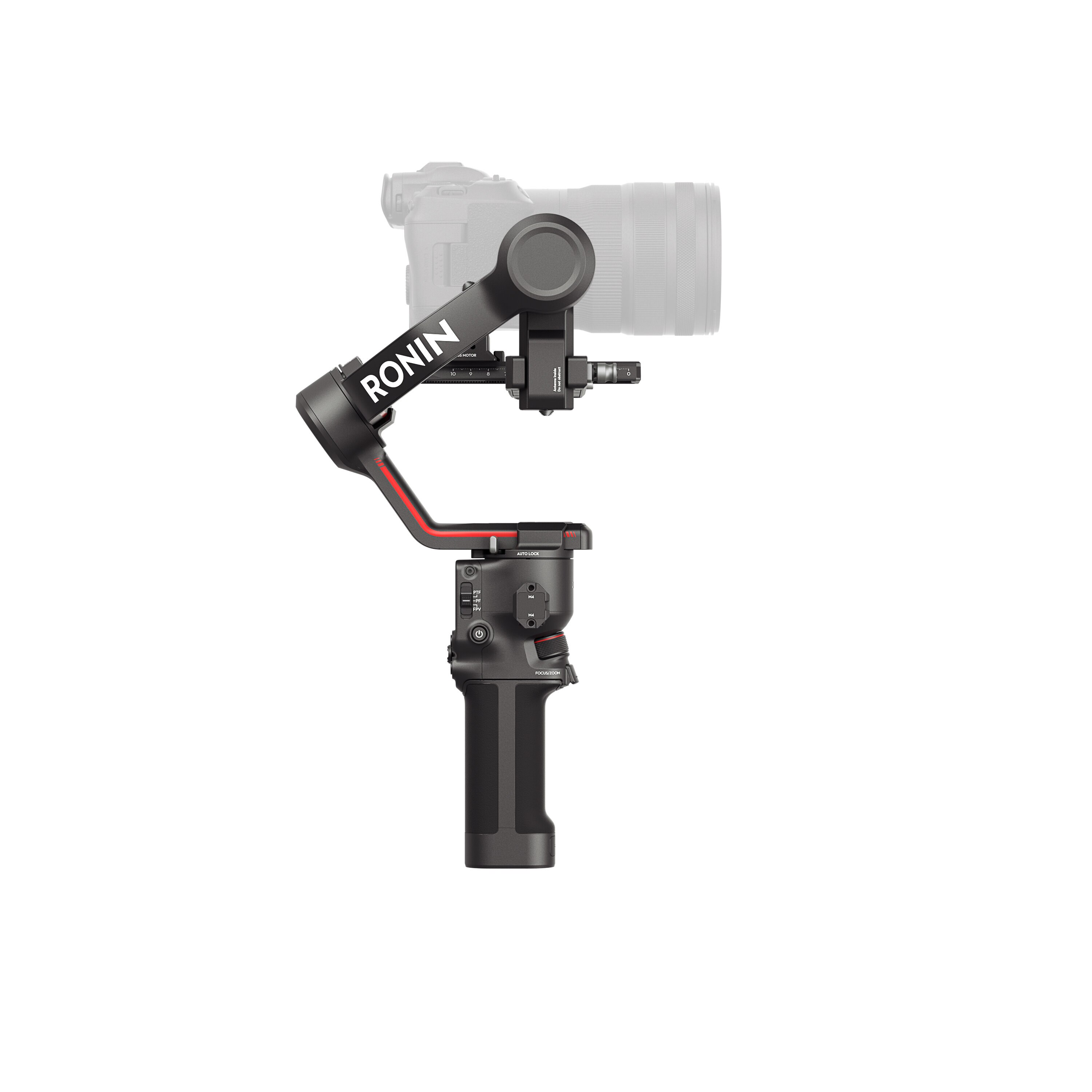 Stabilizator kamery Ronin z dołączoną kamerą, na białym tle.