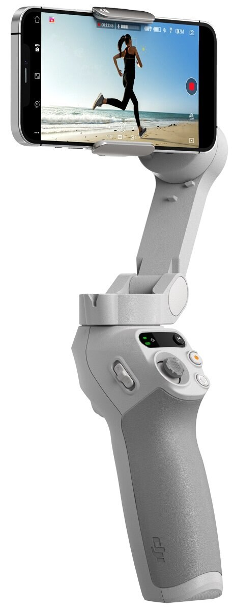 Biało-szary stabilizator telefonu DJI Osmo Mobile. Telefon wyświetla biegacza.