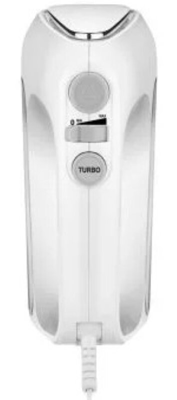 Biały mikser ręczny z przyciskami, pokrętłem i przewodem zasilającym. Słowo TURBO jest widoczne.