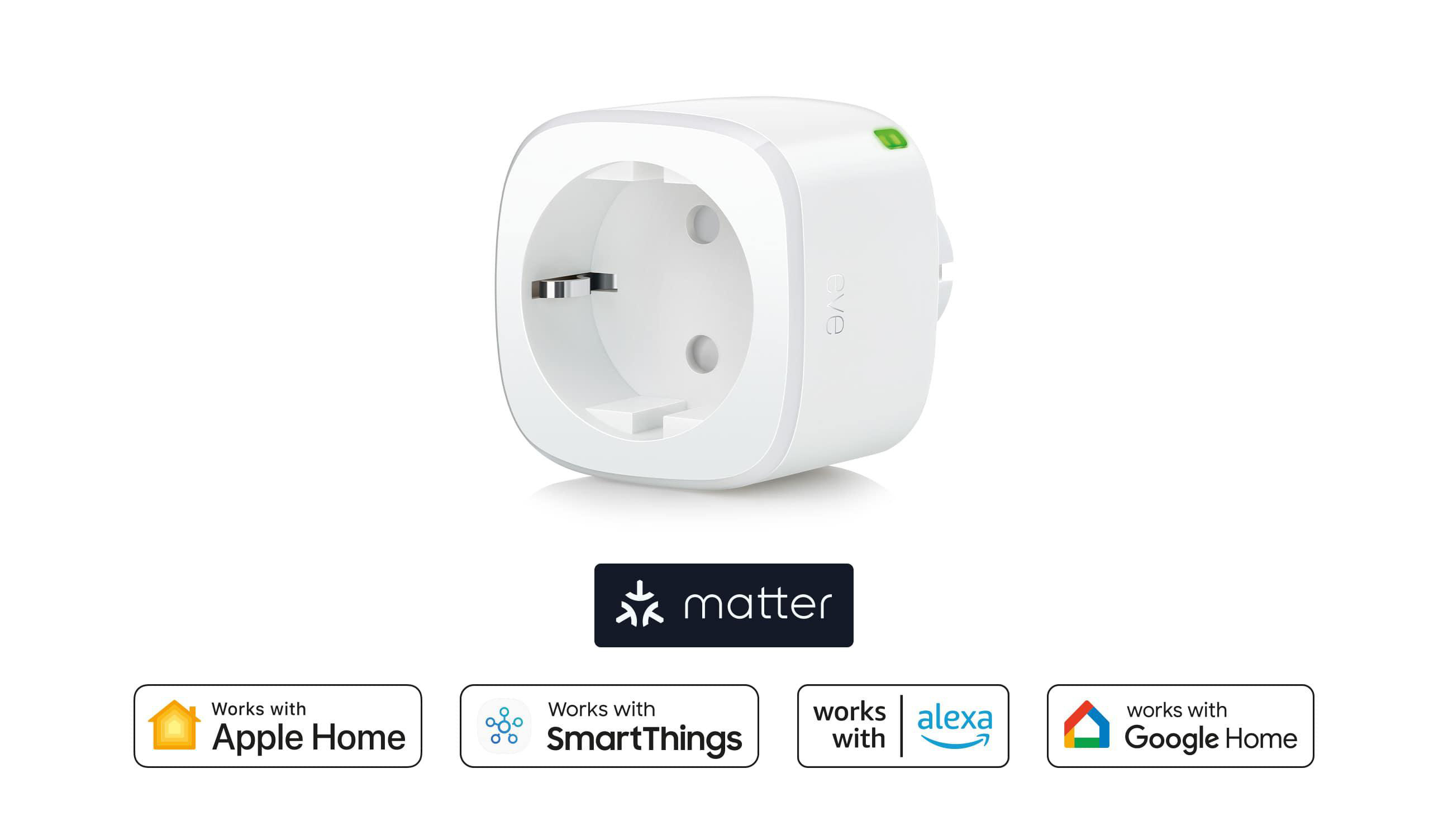 Weißer Smart Plug mit Logo und Logos für Apple Home, SmartThings, Alexa und Google Home.