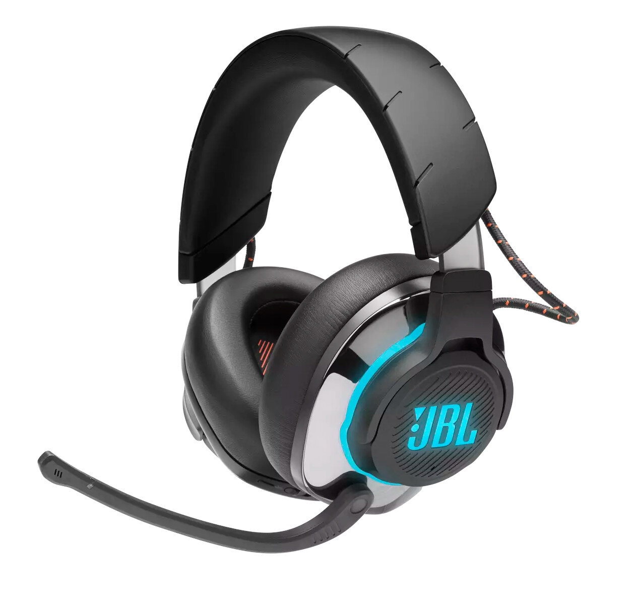 Czarne i srebrne słuchawki dla graczy JBL z mikrofonem, niebieskimi diodami LED i logo JBL.
