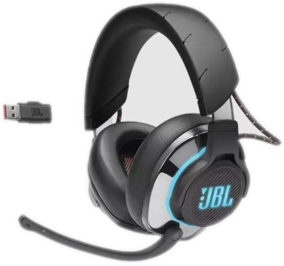 Czarne słuchawki dla graczy JBL z mikrofonem i kluczem USB.