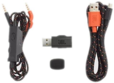 Akcesoria do słuchawek JBL: kable, adapter i mikrofon.