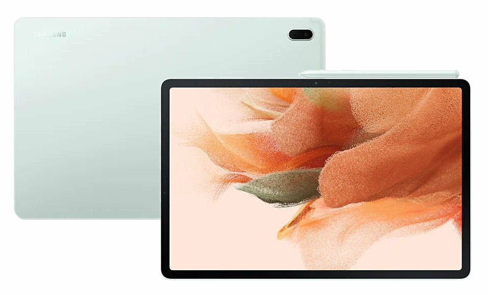 Miętowy tablet Samsung, pokazujący tył i przód urządzenia, z rysikiem.