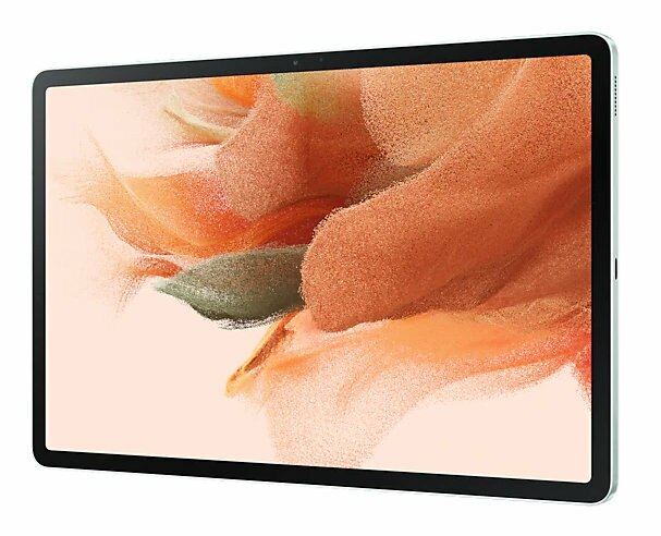 Tablet z jasnym turkusowym obramowaniem, wyświetlający kolorowy obraz abstrakcyjny.