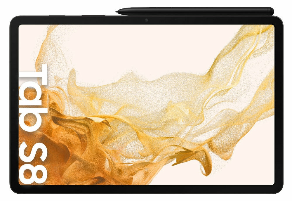 Czarny tablet, biały tekst 'Tab S8', złote tło, czarny rysik.