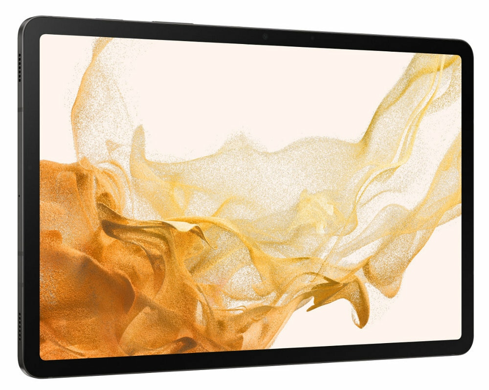 Czarny tablet z czarną ramką. Beżowy ekran pokazuje abstrakcyjne, złote, wirujące kształty.