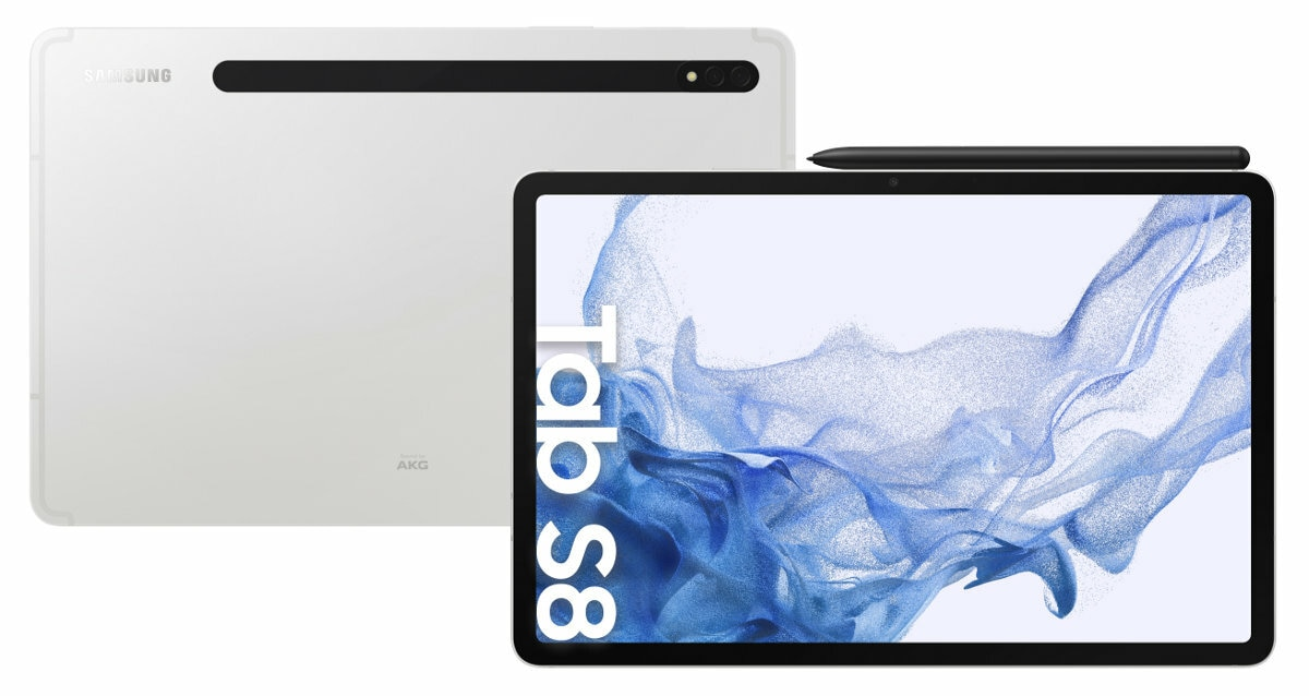 Tablet Samsung Tab S8, widok z przodu i z tyłu. Srebrny, z czarnym rysikiem na górze.