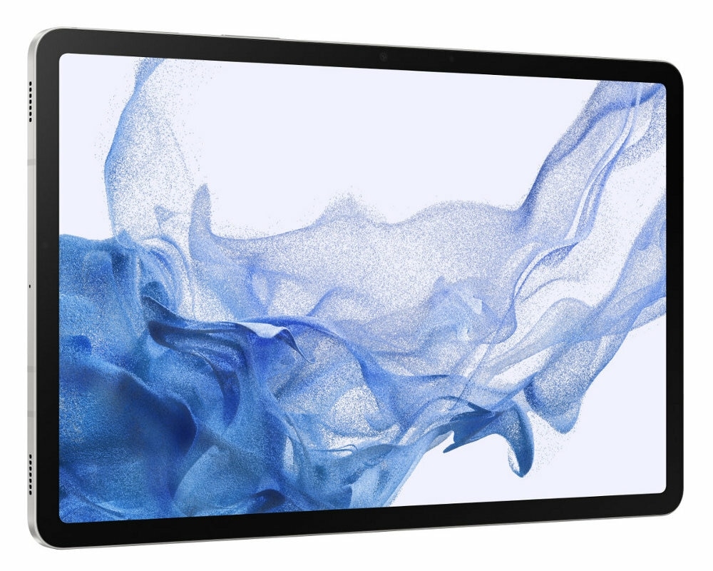 Srebrny tablet z niebiesko-białym płynnym tłem.