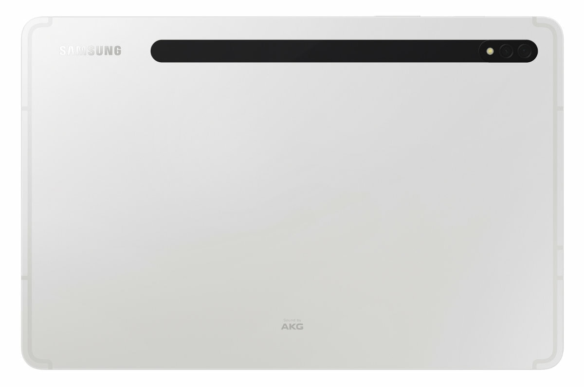 Tył białego tabletu z logo Samsung i aparatem.