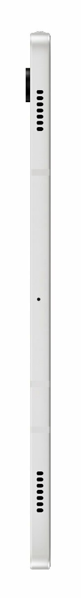 Profil boczny białego tabletu. Widoczna kamera i głośniki. Czysty i minimalistyczny design.