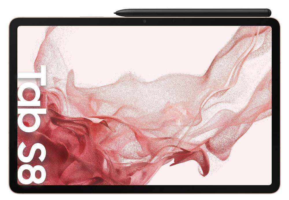 Tablet z rysikiem. Tekst Tab S8 na ekranie. Różowe i białe tło.