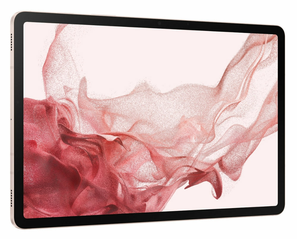 Tablet z różowo-czerwonym, płynnym wzorem na ekranie i beżową ramką.