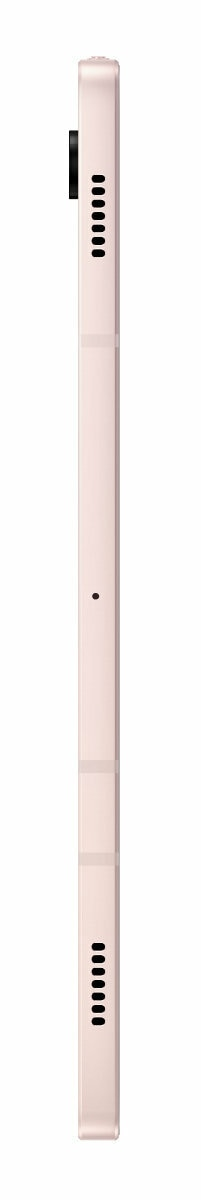 Różowy smartfon stoi pionowo, prezentując swój profil boczny z głośnikami i aparatem.